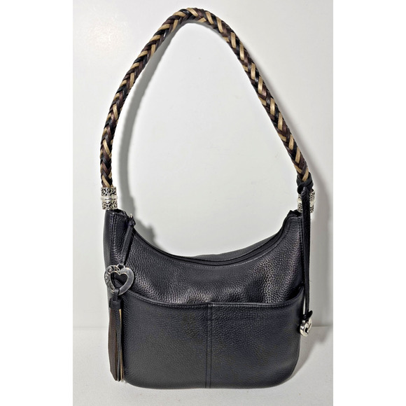 Brighton Handbags - Chic BRIGHTON Barbados Zip Top Hobo Shoulder Bag leather & Braided Strap Black